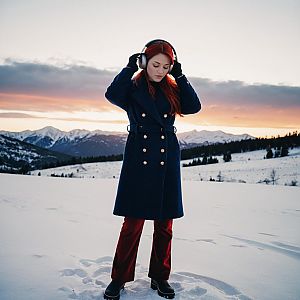 Woman in Navy Coat in Snowy Mountain Landscape at Sunset