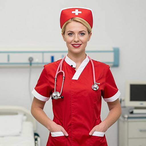 Woman Nurse in Red Uniform with Stethoscope in Hospital Room