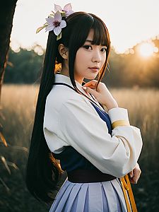 Realistic Shinobu Kocho Cosplay Woman Character in Outdoor Sunset Setting