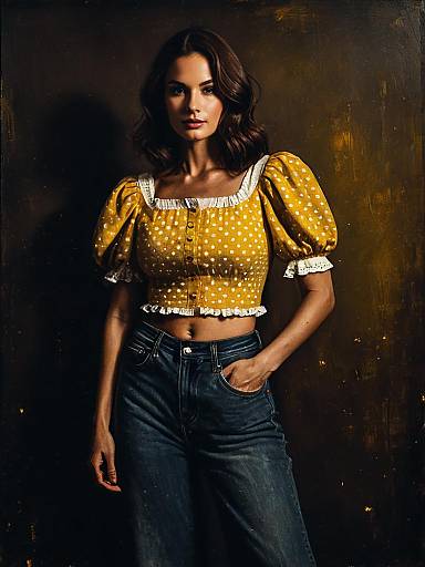 Woman in Yellow Polka Dot Crop Top with Puffed Sleeves and High-Waisted Jeans Casual Street Style