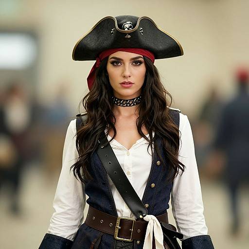 Confident Woman in Classic Pirate Costume with Tricorn Hat