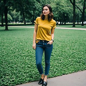 Young Woman in Mustard Yellow T-shirt and Blue Jeans in Park