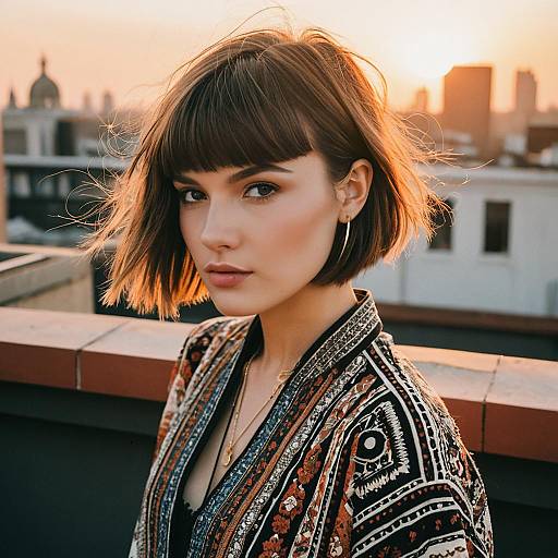 Stylish Woman with Bob Haircut on Rooftop at Sunset in Bohemian Jacket