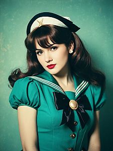 Vintage Style Sailor Woman in Teal Pin-Up Dress with Black Bow and Sailor Hat