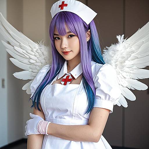 Anime-Inspired Nurse Cosplay With Angel Wings and Vibrant Hair