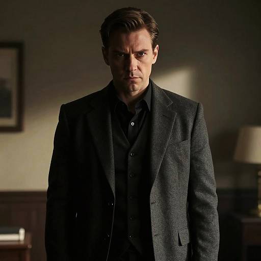 Serious Man in Dark Gray Suit and Black Shirt in Dimly Lit Room