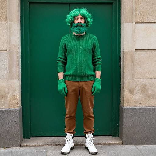 Man Wearing Green Wig, Beard, Sweater, and Gloves Standing by Green Door