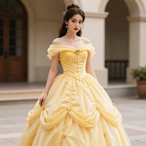 Woman in Belle Inspired Yellow Princess Ball Gown Costume