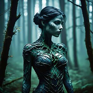 Mysterious Woman in Biomechanical Outfit in Foggy Forest