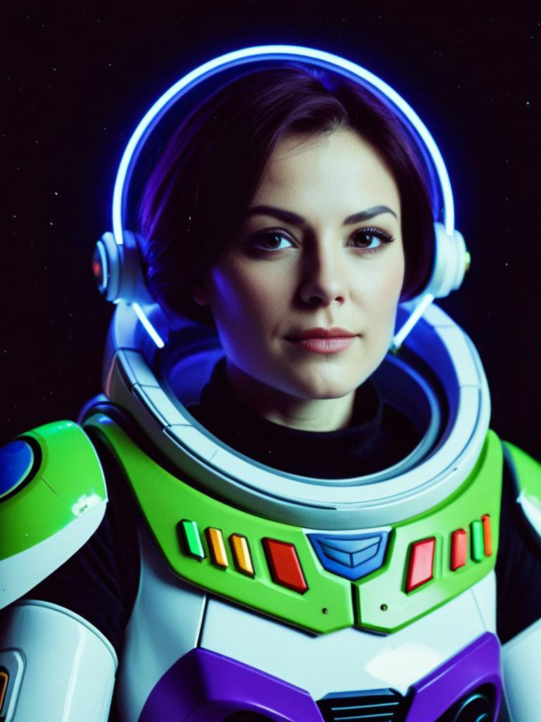 Woman in Buzz Lightyear Costume Waist Up Neon Editorial Portrait