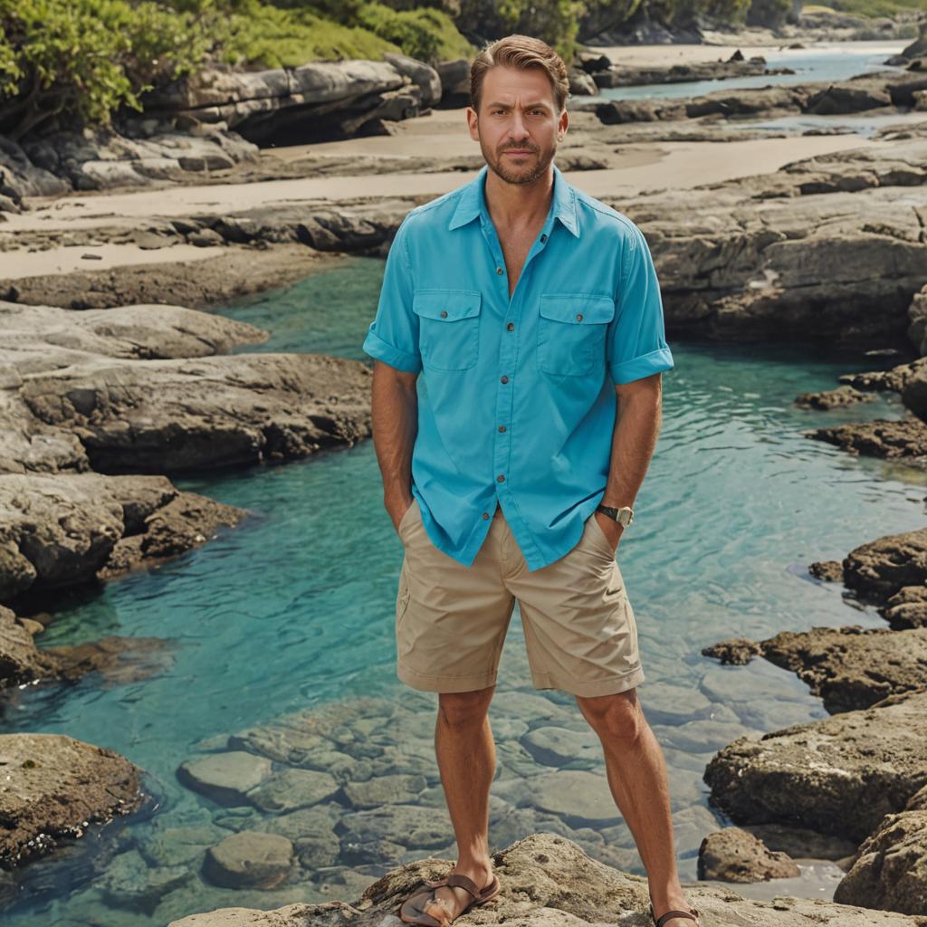 Confident man in blue shirt by rocky coastline