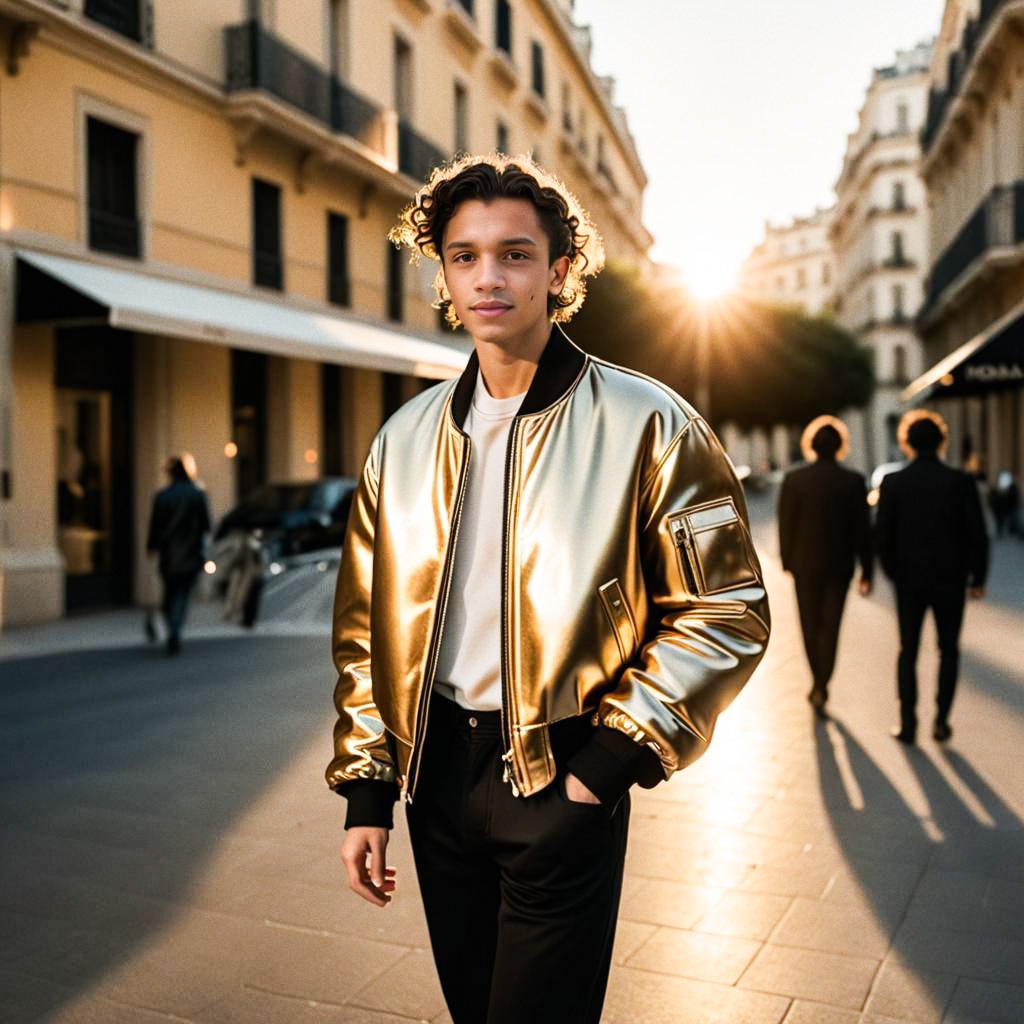 Stylish Young Man in Golden Bomber Jacket on Sunlit Street