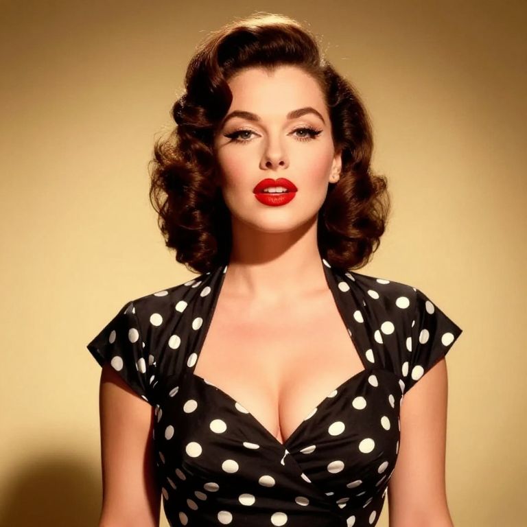 Vintage 1950s Glamour Woman in Polka Dot Dress with Red Lipstick