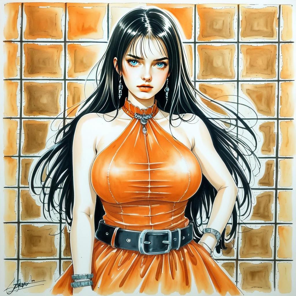 Anime Woman with Black Hair in Orange Outfit