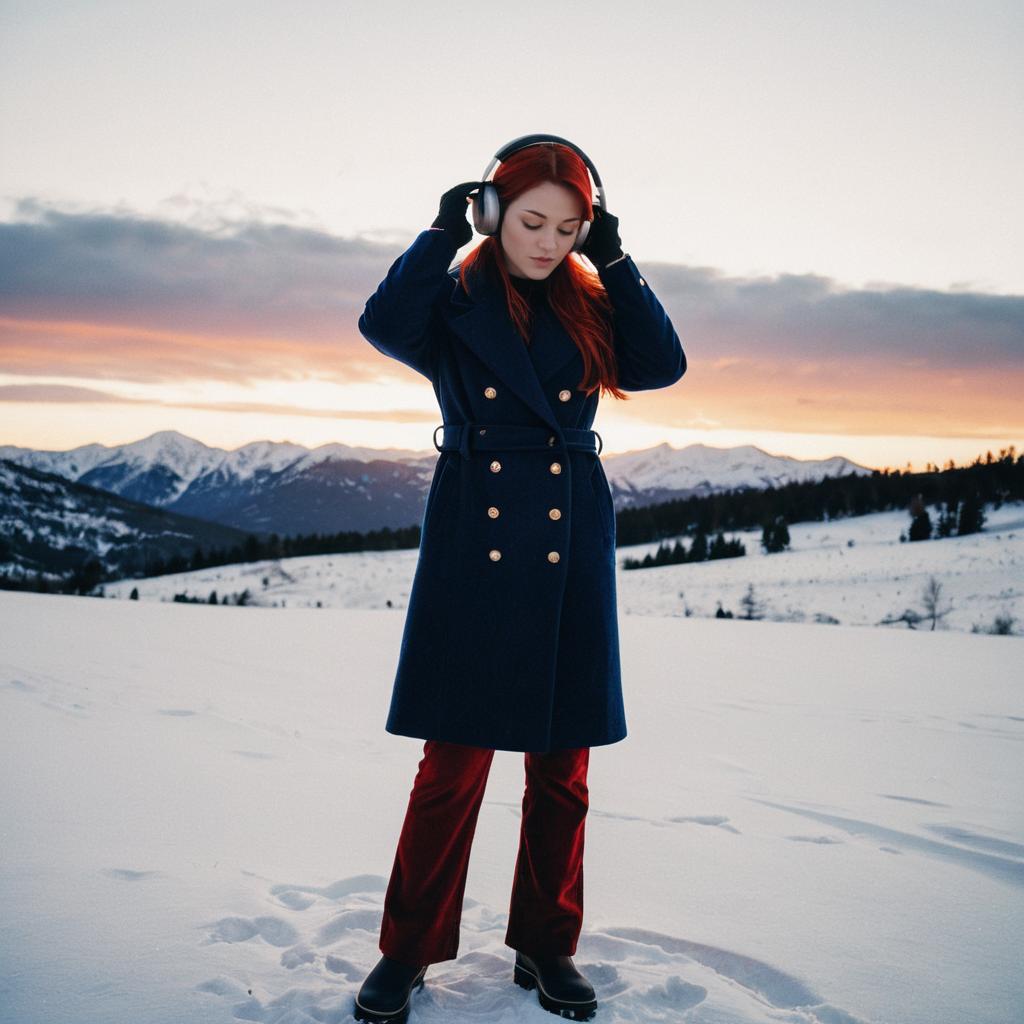 Woman in Navy Coat in Snowy Mountain Landscape at Sunset