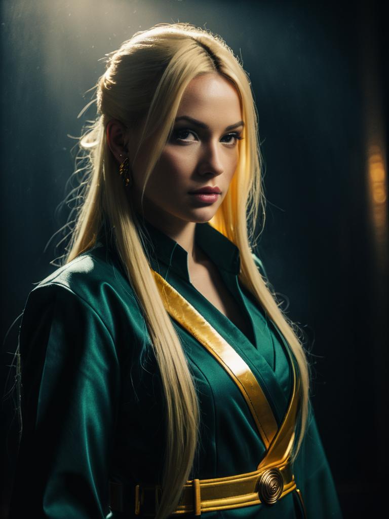 Realistic Tsunade Cosplay Woman in Green and Gold Costume