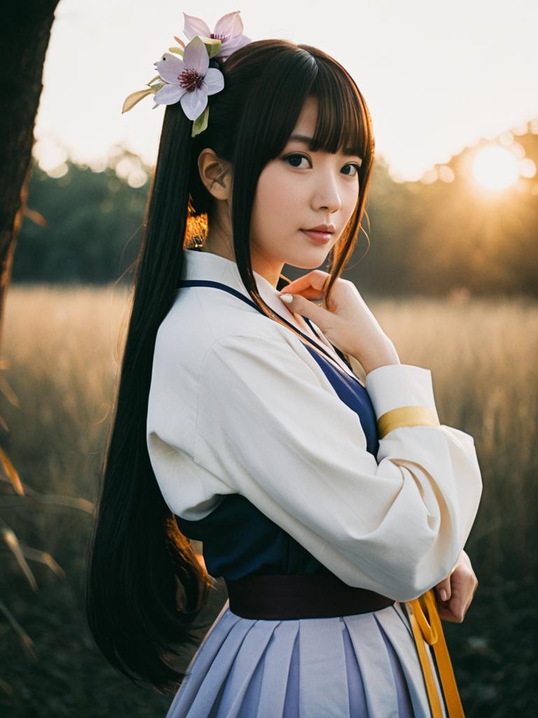 Realistic Shinobu Kocho Cosplay Woman Character in Outdoor Sunset Setting