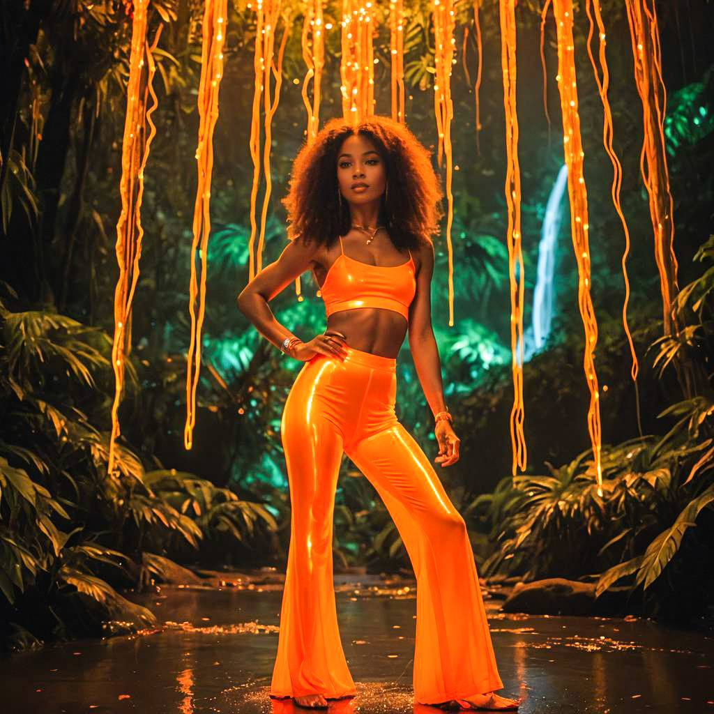 Confident Woman in Orange Outfit in Tropical Setting