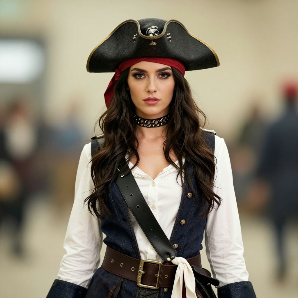 Confident Woman in Classic Pirate Costume with Tricorn Hat