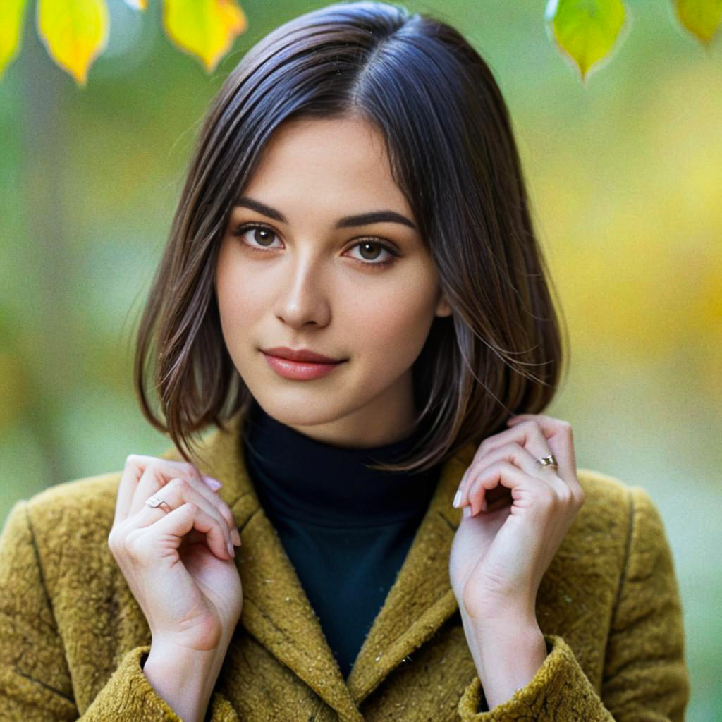 Woman in Mustard Coat with Autumn Leaves