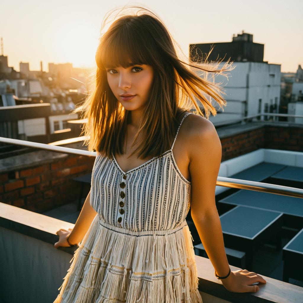 Young Woman on Urban Rooftop at Golden Hour Wearing Summer Dress