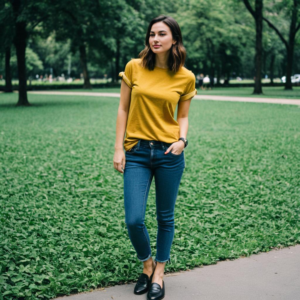 Young Woman in Mustard Yellow T-shirt and Blue Jeans in Park