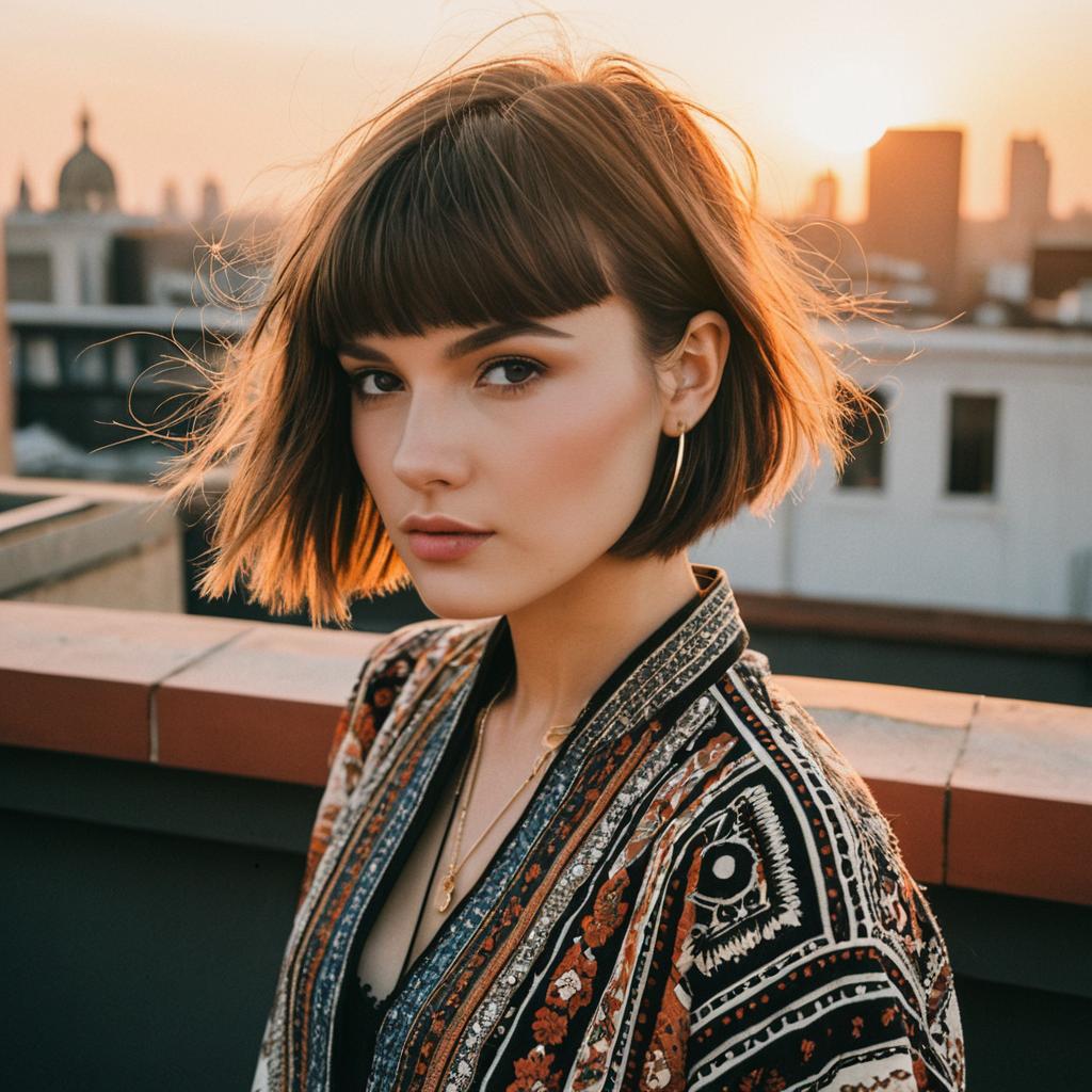 Stylish Woman with Bob Haircut on Rooftop at Sunset in Bohemian Jacket