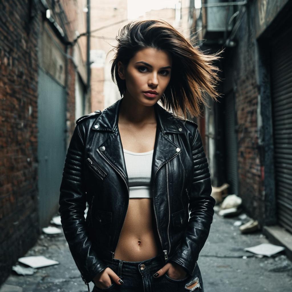 Edgy Young Woman in Leather Jacket Street Style Portrait