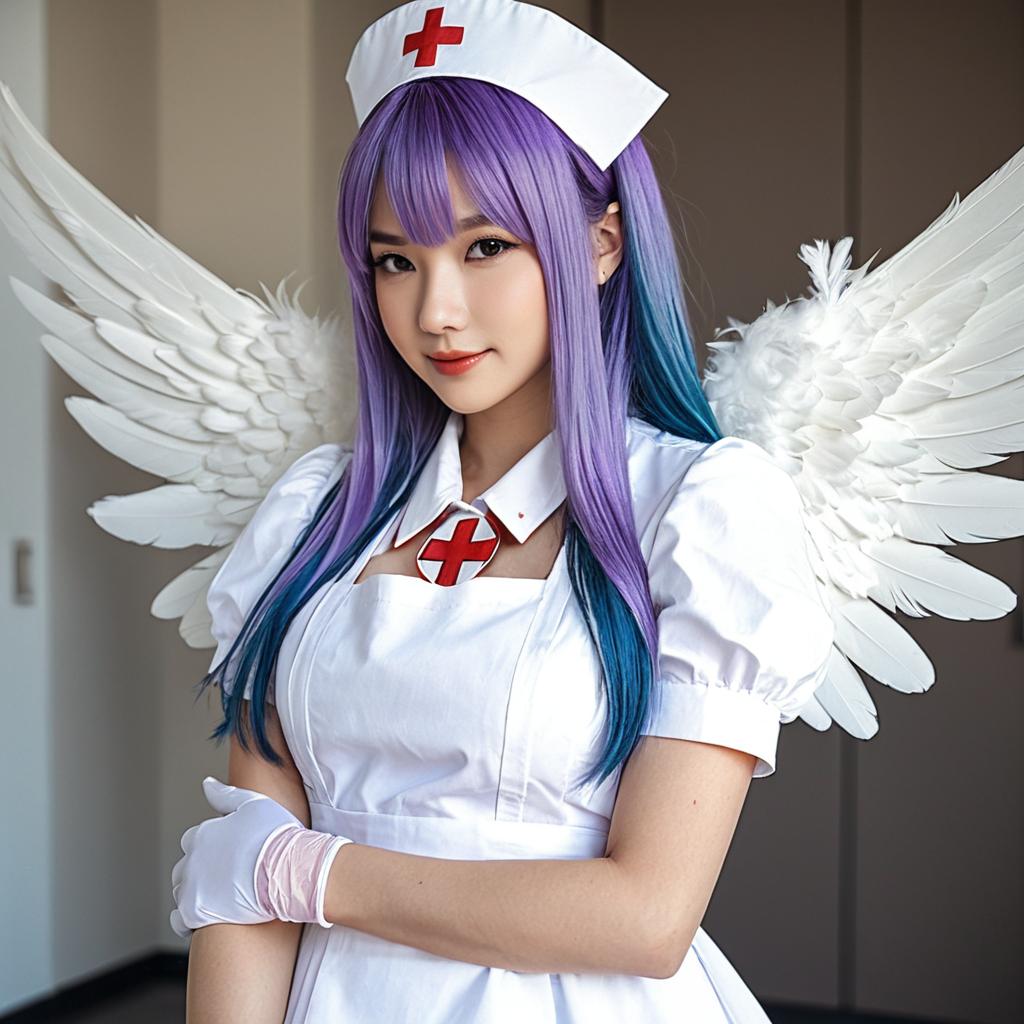Anime-Inspired Nurse Cosplay With Angel Wings and Vibrant Hair