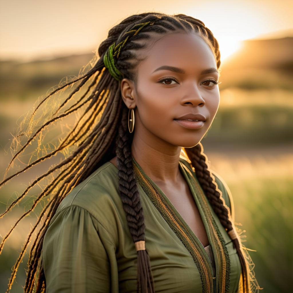 Serene portrait of a woman with braided hair at sunset