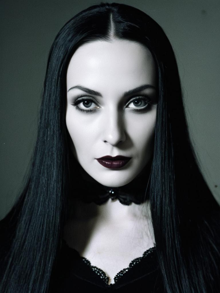 Woman in Morticia Addams Costume Close-Up Headshot with Pale Skin and Gothic Makeup