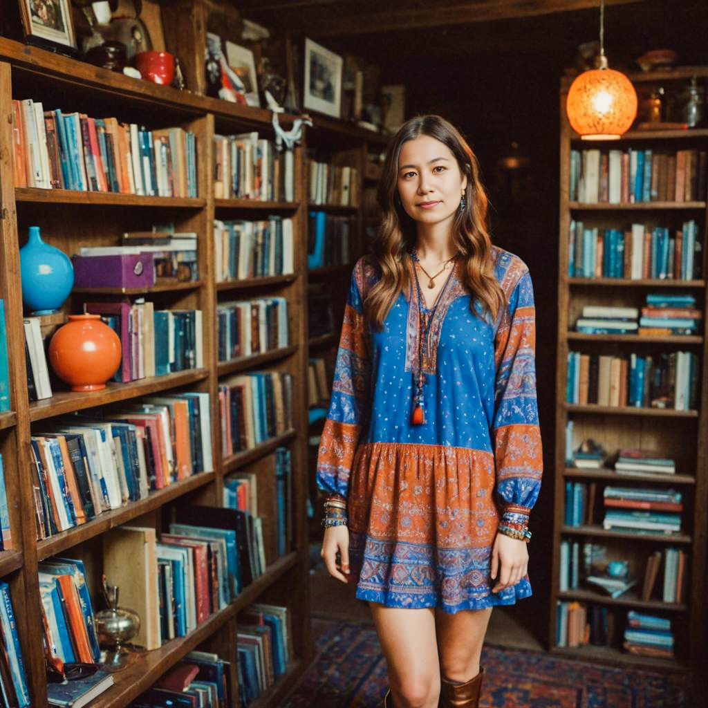 Woman in Bohemian Dress in Cozy Library