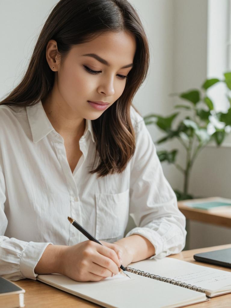 Focused Woman Writing in Serene Setting