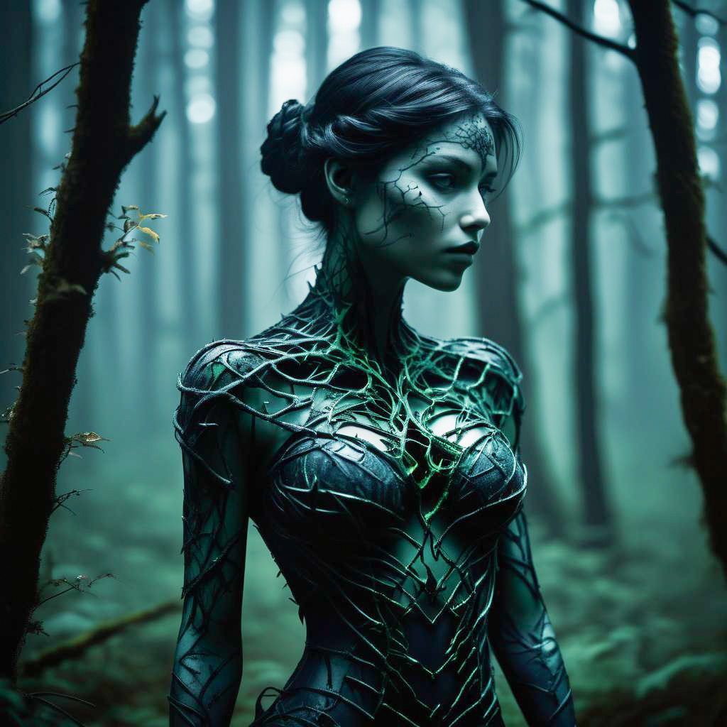 Mysterious Woman in Biomechanical Outfit in Foggy Forest Mysterious Woman in Biomechanical Outfit in Foggy Forest