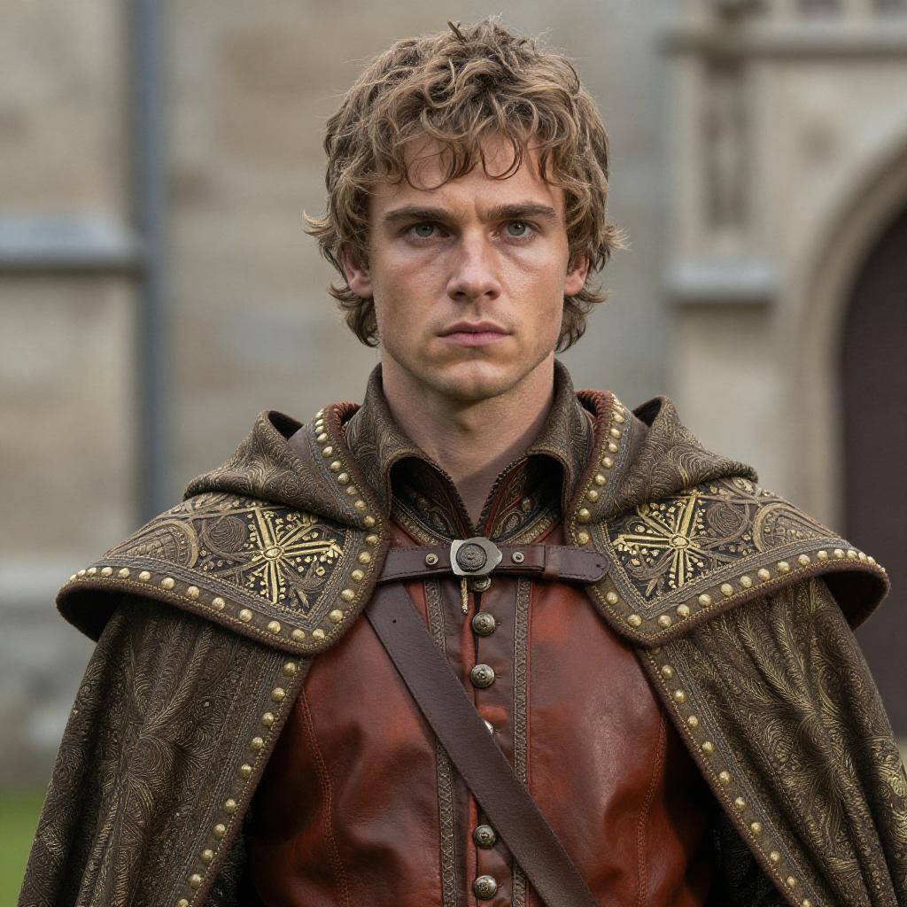 Medieval Man in Ornate Cloak and Leather Tunic Costume