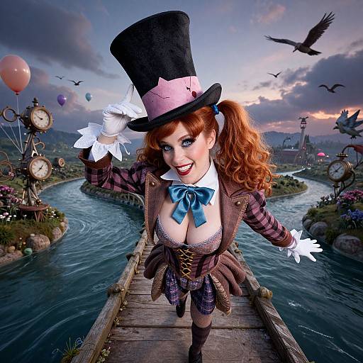 Whimsical Mad Hatter Woman in Fantasy Landscape on Wooden Bridge