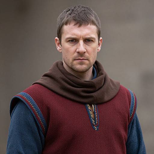 Medieval Style Man in Red Tunic and Brown Cowl