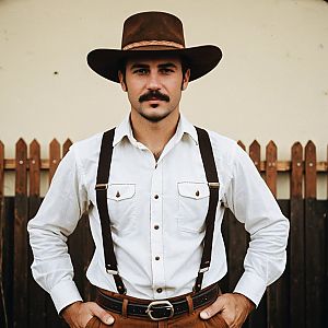 Man in Western Outfit by Wooden Fence