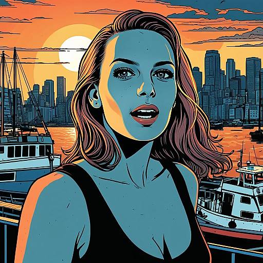 Pop Art Style Illustration of Woman by Sunset Waterfront Cityscape