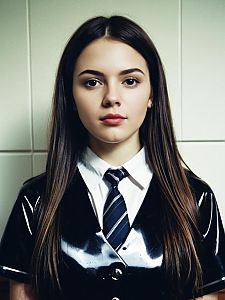 Young Woman in Latex Schoolgirl Uniform with Tie