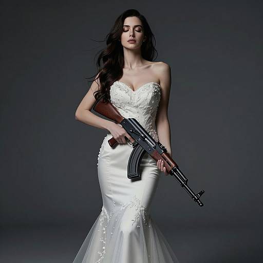 Bridal Elegance with AK-47 Rifle in High-Fashion Portrait