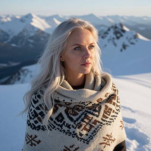 Woman in Woolen Shawl in Snowy Mountain Landscape