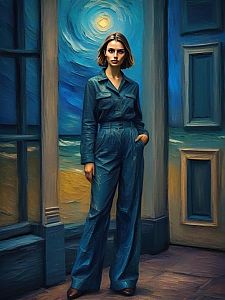 Stylish Woman in Blue Jumpsuit with Surreal Background