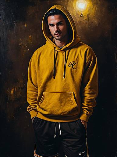Man in Mustard Yellow Hoodie with Cursive Logo Print Wearing Casual Streetwear