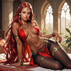 Fantasy Digital Artwork of Red-Haired Woman in Ornate Jewelry and Red Attire