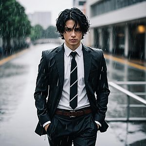 Young Man in Black Suit and Striped Tie Standing in the Rain Urban Style