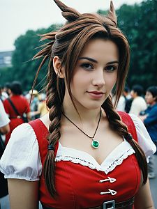 Woman in Aerith Cosplay Costume at Cosplay Festival