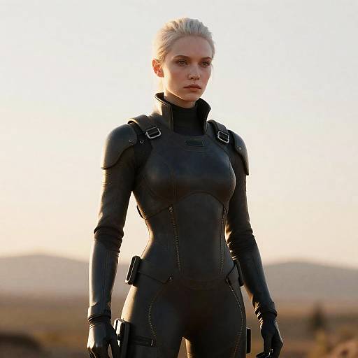 Gen Z Woman in Futuristic Black Leather Suit Outdoors
