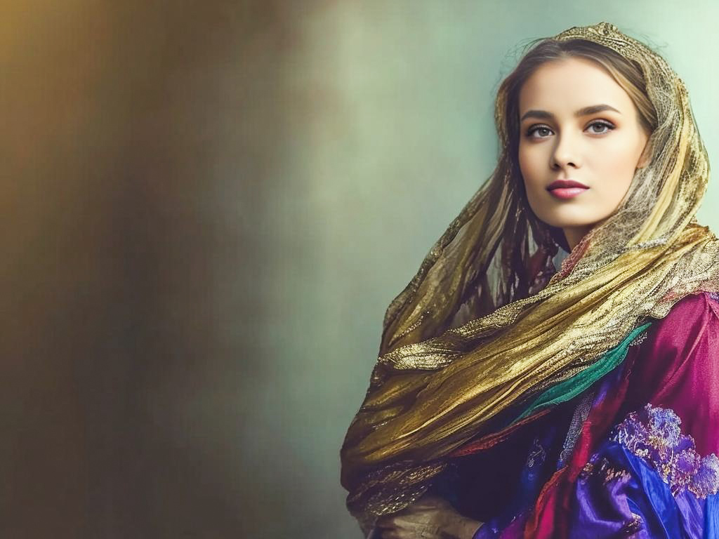 Elegant Woman in Vibrant Fabrics and Golden Veil