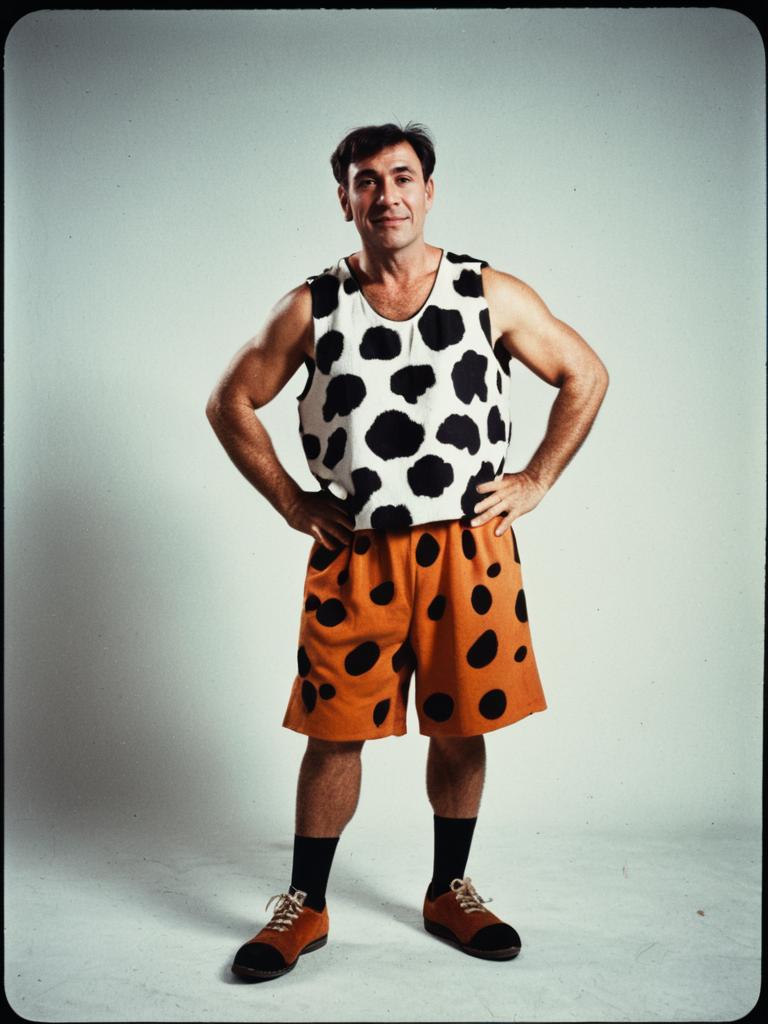 Man in Fred Flintstone Costume with Cinematic Realism in Studio